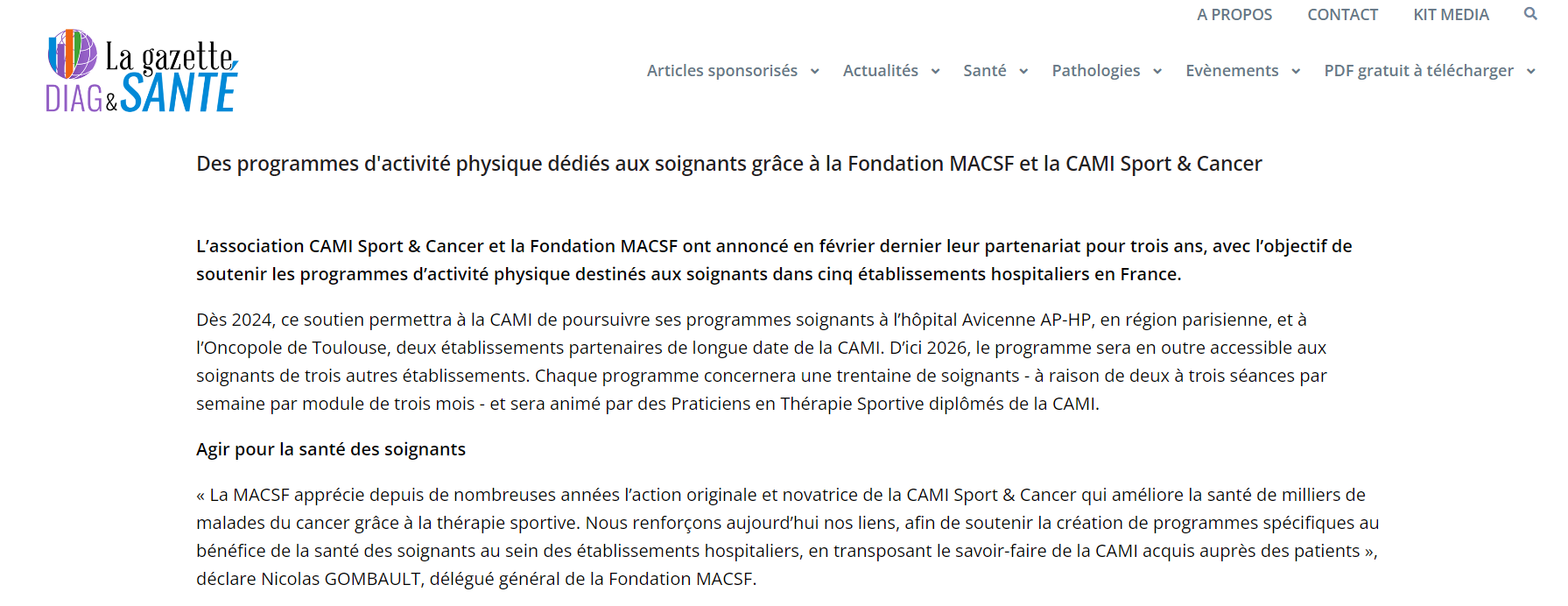 Des programmes d'activité physique dédiés aux soignants grâce à la Fondation MACSF et la CAMI Sport & Cancer