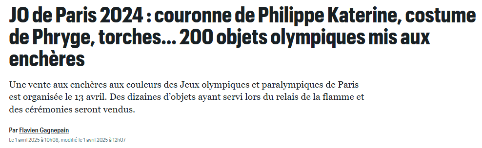 JO de Paris 2024 : couronne de Philippe Katerine, costume de Phryge, torches… 200 objets olympiques mis aux enchères
