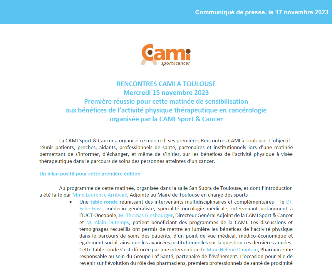 CP CAMI Sport & Cancer - Première réussie pour les Rencontres CAMI à Toulouse