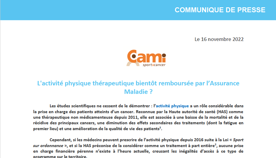 CP CAMI Sport & Cancer - Article 51 - L'activité physique thérapeutique bientôt remboursée