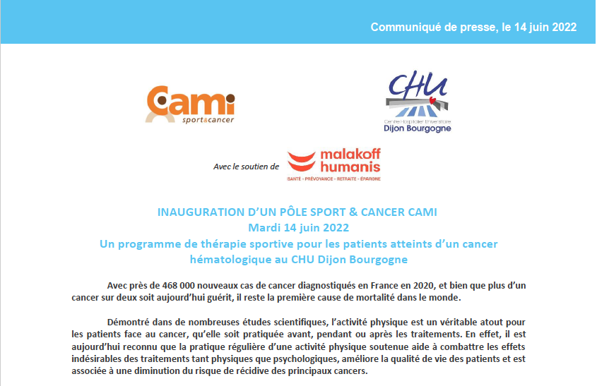 Communiqué de presse - Inauguration d'un nouveau Pôle Sport & Cancer  au CHU Dijon Bourgogne