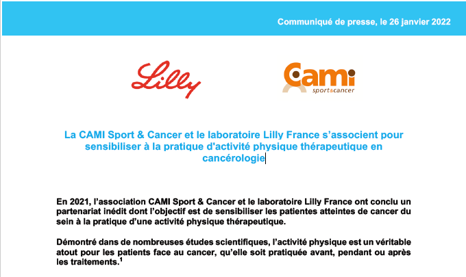 La CAMI Sport & Cancer et le laboratoire Lilly France s’associent pour sensibiliser à la pratique d'activité physique thérapeutique en cancérologie