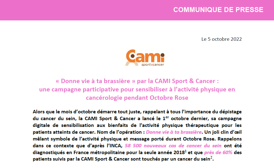 « Donne vie à ta brassière » par la CAMI Sport & Cancer : une campagne participative pour sensibiliser à l’activité physique en cancérologie pendant Octobre Rose