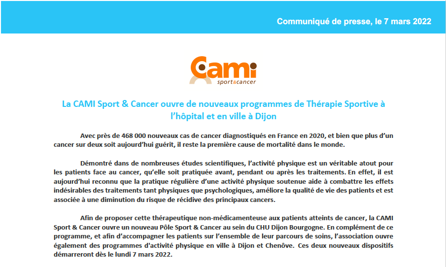Communiqué de Presse - Ouverture Programmes CAMI Dijon - 2022