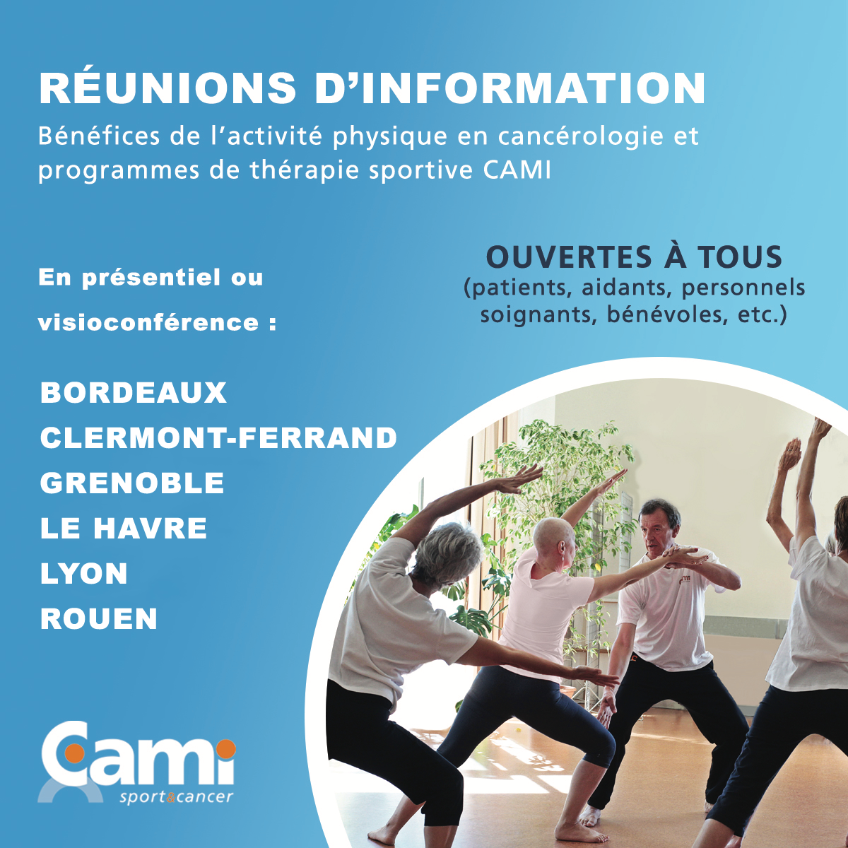 Réunions d'information : bénéfices de l'activité physique en cancérologie et programmes de thérapie sportive CAMI - Juin 2021